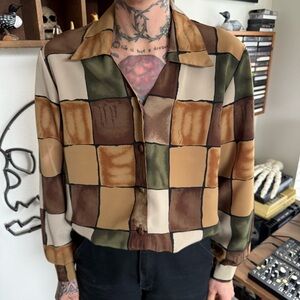 Vintage 80s Earthy Colorblock Watercolor Checkered Button Down Blouse ~ Size M